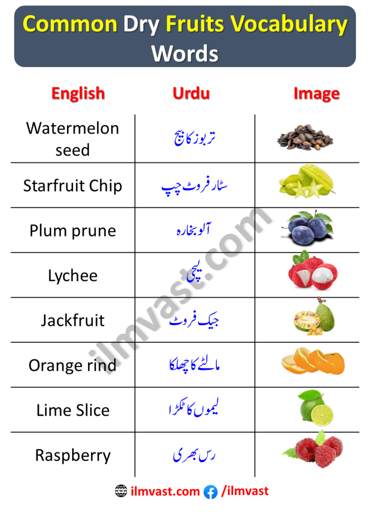 Common Dry Fruits Vocabulary Words In English and Urdu With Pictures